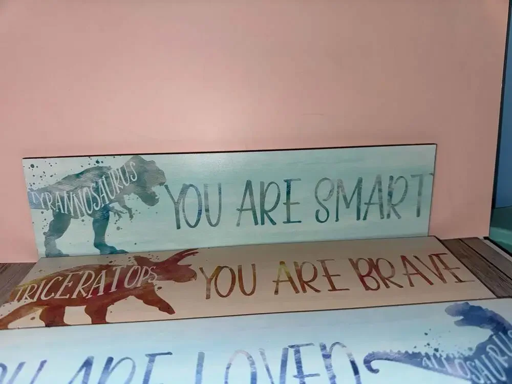 Set of 4 Dinosaur Inspirational Wooden Wall Art Plaque Decor for Kids Room - Picture 2 of 5